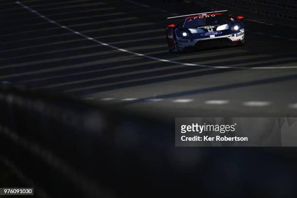 The Ford Chip Ganassi Team USA Ford GT of Joey Hand, Dirk Mueller and Sebastien Bourdais drives during morning warm up prior to the Le Mans 24 Hour...