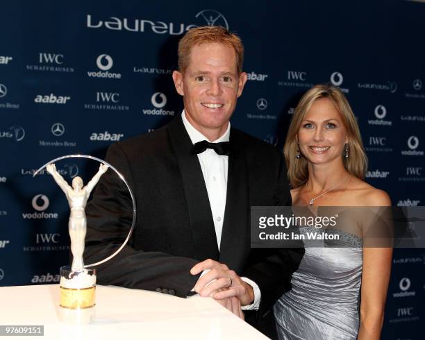 Former Cricketer Shaun Pollock and wife Patricia Lauderdale arrives at the Laureus World Sports Awards 2010 at Emirates Palace Hotel on March 10,...