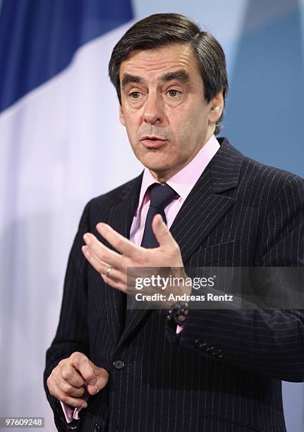 French Prime Minister Francois Fillon attends a press conference at the Chancellery on March 10, 2010 in Berlin, Germany. German Chancellor Angela...