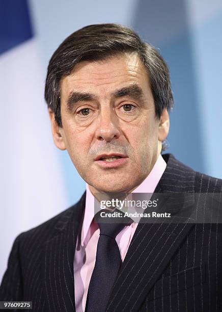 French Prime Minister Francois Fillon attends a press conference at the Chancellery on March 10, 2010 in Berlin, Germany. German Chancellor Angela...