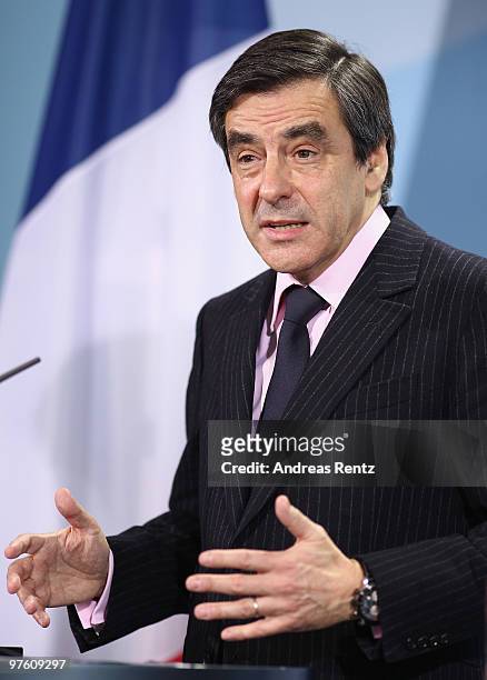 French Prime Minister Francois Fillon attends a press conference at the Chancellery on March 10, 2010 in Berlin, Germany. German Chancellor Angela...