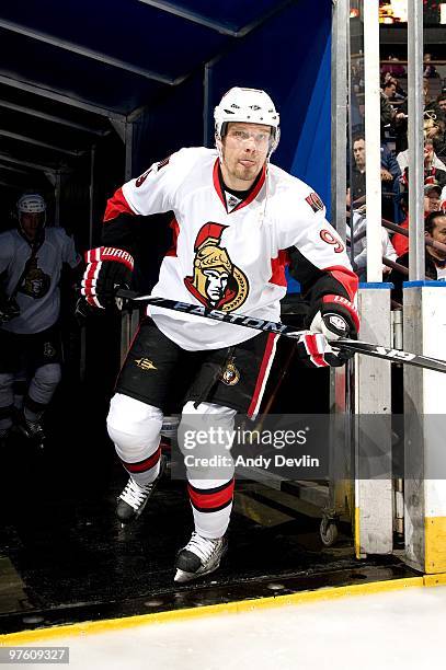 Milan Michalek of the Ottawa Senators steps on to the ice before a game against the Edmonton Oilers at Rexall Place on March 9, 2010 in Edmonton,...