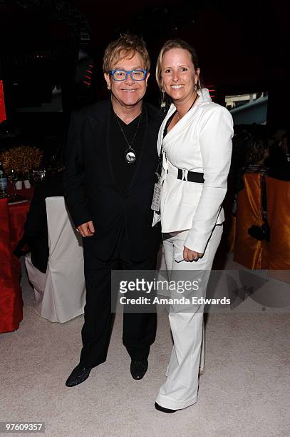 Musician Elton John and event producer Virginia Fout attend the Elton John AIDS Foundation Oscar Viewing Party at the Pacific Design Center on March...