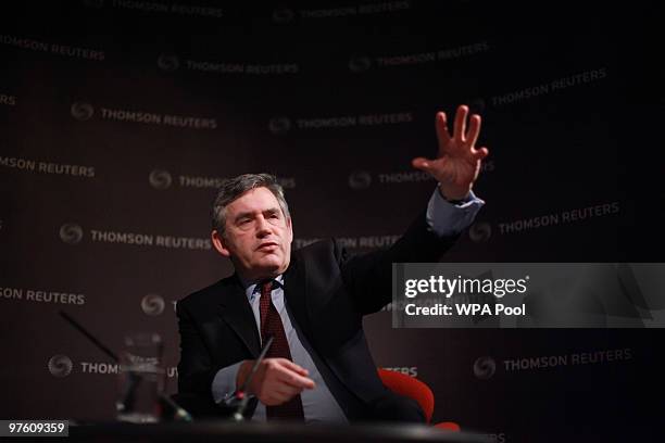 British Prime Minister Gordon Brown delivers a speech on the economy at the Canary Wharf offices of Thomson Reuters on March 10, 2010 in London,...