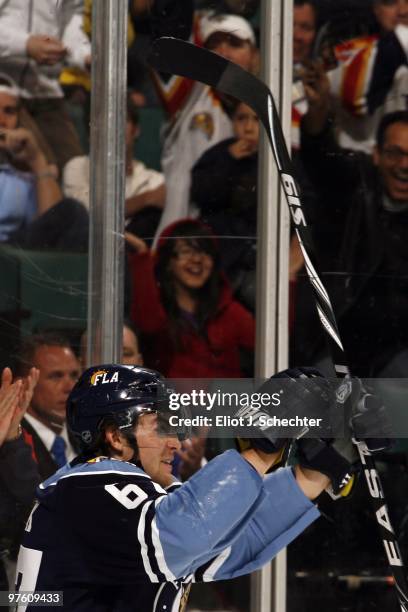 Michael Frolik of the Florida Panthers celebrates a goal against the Carolina Hurricanes at the BankAtlantic Center on March 6, 2010 in Sunrise,...