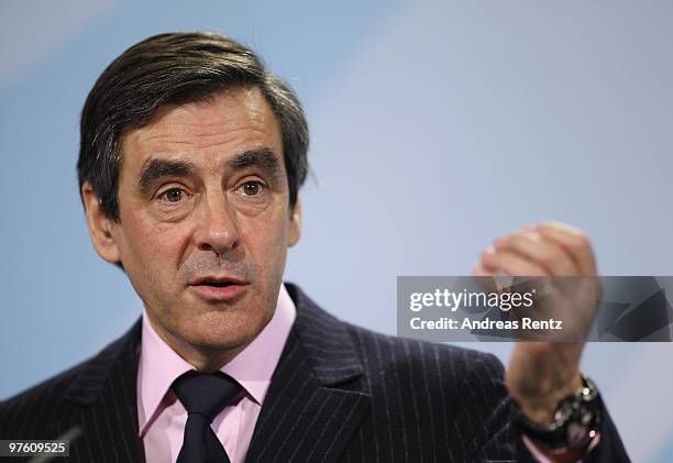 French Prime Minister Francois Fillon attends a press conference at the Chancellery on March 10, 2010 in Berlin, Germany. German Chancellor Angela...