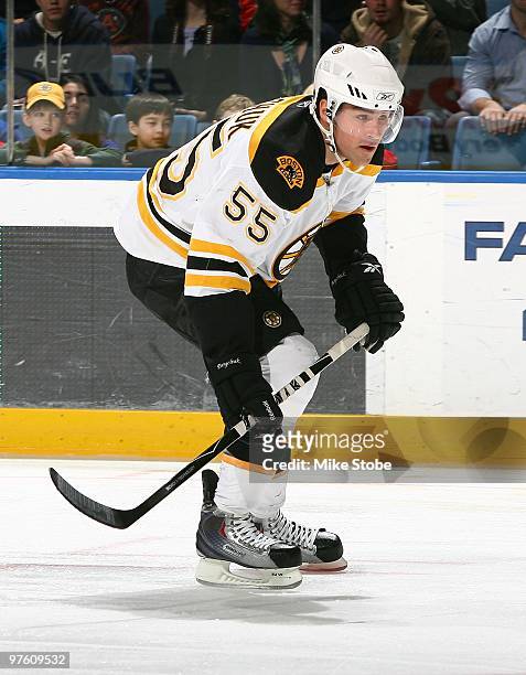 Johnny Boychuk of the Boston Bruins skates against the New York Islanders on February 6, 2010 at Nassau Coliseum in Uniondale, New York. Bruins...