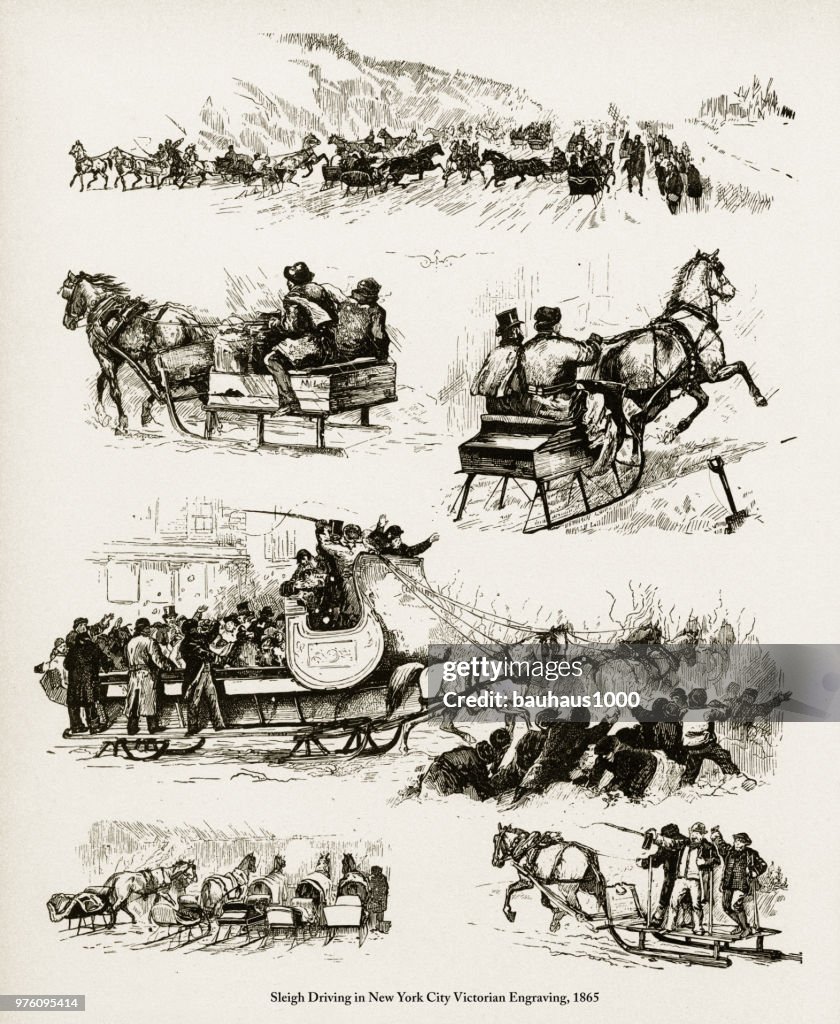 Sleigh Driving in New York City Victorian Engraving, 1865