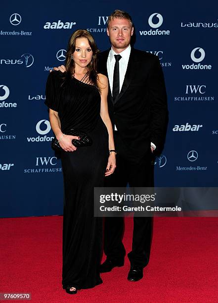 Cricketer Andrew Flintoff and his wife Rachael Flintoff arrives at the Laureus World Sports Awards 2010 at Emirates Palace Hotel on March 10, 2010 in...