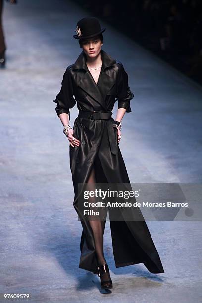 Model walks the runway during the Hermes Ready to Wear show as part of the Paris Womenswear Fashion Week Fall/Winter 2011 at Halle Freyssinet on...