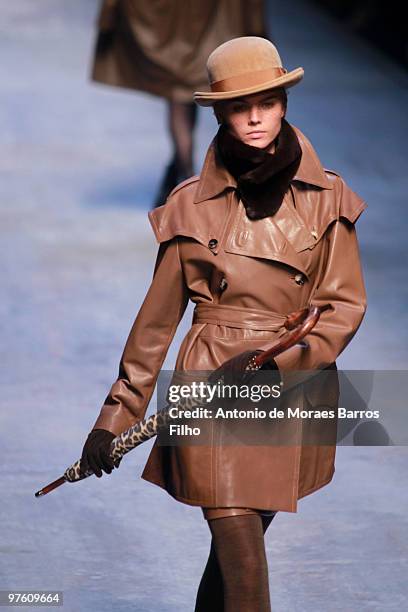 Model walks the runway during the Hermes Ready to Wear show as part of the Paris Womenswear Fashion Week Fall/Winter 2011 at Halle Freyssinet on...