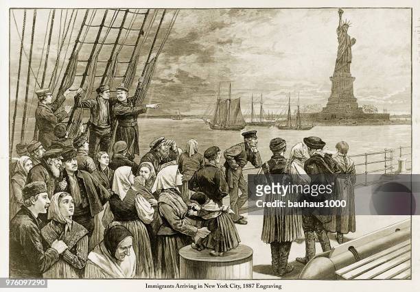 immigrants arriving in new york city, 1887 engraving - the americas stock illustrations