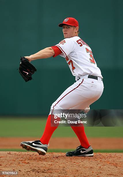 Starting pitcher Stephen Strasburg of the Washington Nationals pitches against the Detroit Tigers at Space Coast Stadium on March 9, 2010 in Viera,...