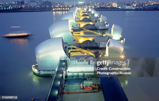 The Thames Barrier at dusk, London, UK.