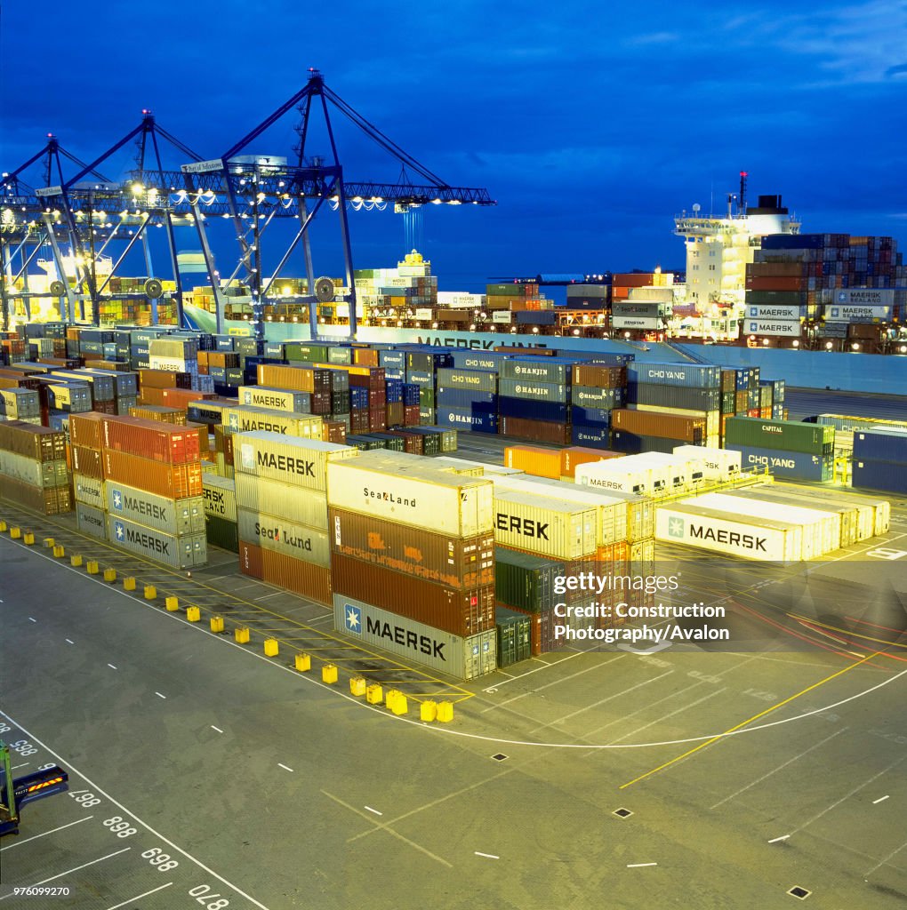 Felixstowe docks at dusk, Suffolk, United Kingdom