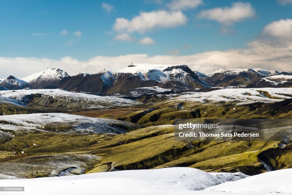 Snowy volcanic landscape, Landmannalaugar, Iceland