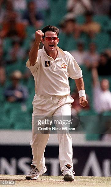 Mark Waugh of Australia celebrates trapping Ridley Jacobs of West Indies LBW for 62 during the fourth days play of the Fifth Test Match between...