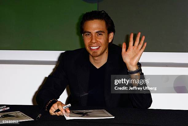 Olympic Speed Skater Apolo Anton Ohno greets fans during Yellowpages.com's YPmobile Demo Day at the Official New York City Information Center on...