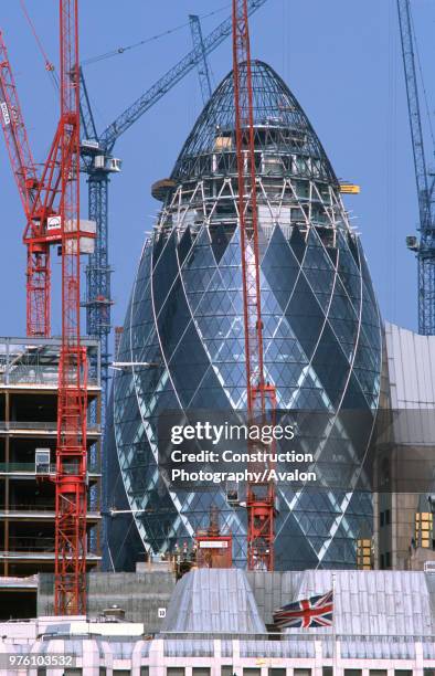 The Gherkin nearing completion, City of London, United Kingdom Designed by Sir Norman Foster and Partners.