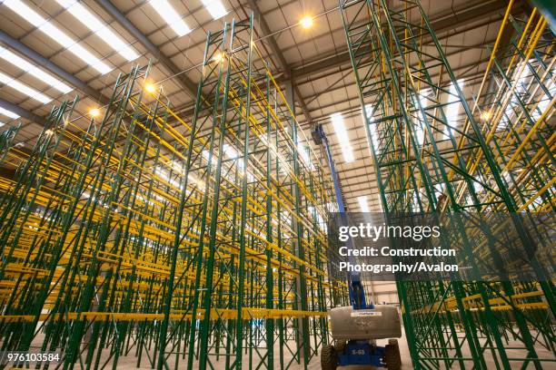 Empty warehouse with shelving and racks.