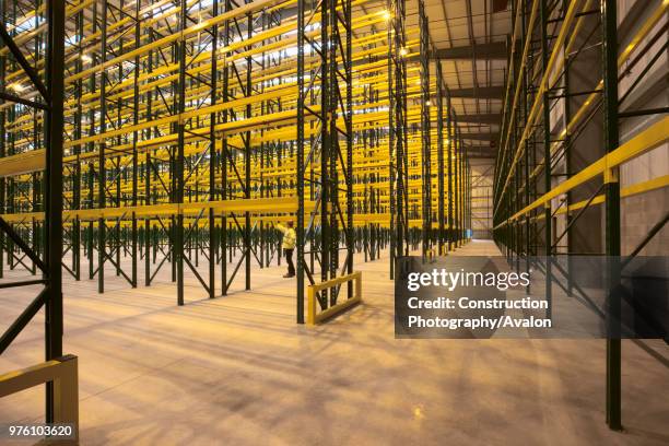 Empty warehouse with shelving and racks.