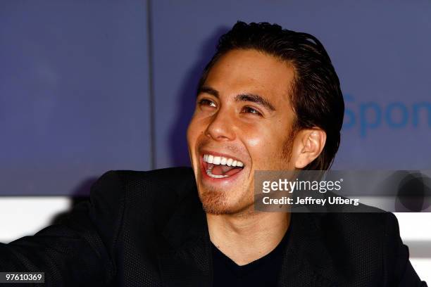 Olympic Speed Skater Apolo Anton Ohno greets fans during Yellowpages.com's YPmobile Demo Day at the Official New York City Information Center on...