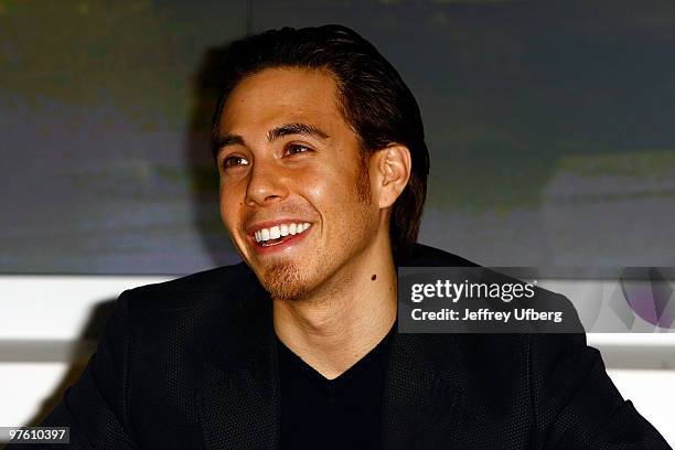 Olympic Speed Skater Apolo Anton Ohno greets fans during Yellowpages.com's YPmobile Demo Day at the Official New York City Information Center on...