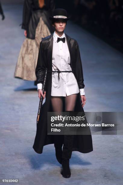 Model walks the runway during the Hermes Ready to Wear show as part of the Paris Womenswear Fashion Week Fall/Winter 2011 at Halle Freyssinet on...