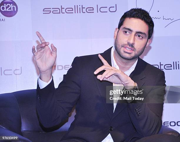 Bollywood actor Abhishek Bachchan poses after becoming the Brand Ambassador of Videocon's d2h in Mumbai in Mumbai on March 9, 2010.