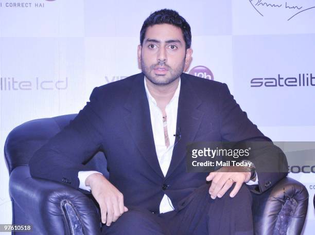 Bollywood actor Abhishek Bachchan poses after becoming the Brand Ambassador of Videocon's d2h in Mumbai in Mumbai on March 9, 2010.