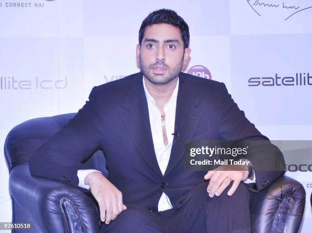 Bollywood actor Abhishek Bachchan poses after becoming the Brand Ambassador of Videocon's d2h in Mumbai in Mumbai on March 9, 2010.