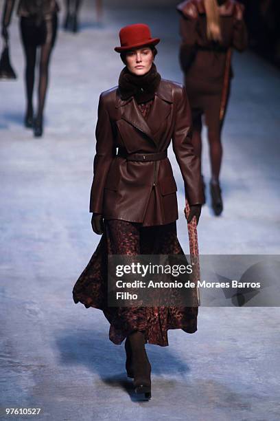 Model walks the runway during the Hermes Ready to Wear show as part of the Paris Womenswear Fashion Week Fall/Winter 2011 at Halle Freyssinet on...