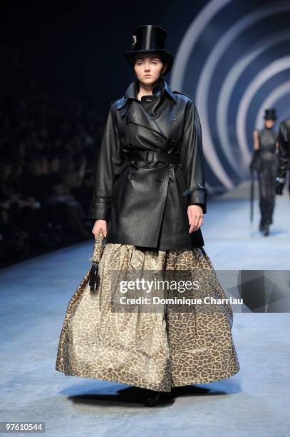 Model walks the runway during the Hermes Ready to Wear show as part of the Paris Womenswear Fashion Week Fall/Winter 2011 at Halle Freyssinet on...