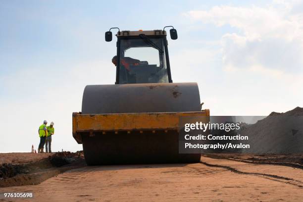 Large roller during road building operations, UK.