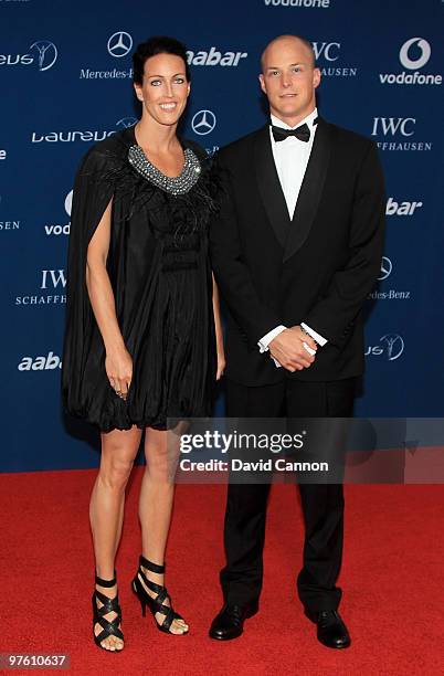 Therese Alshammar and guest arrive at the Laureus World Sports Awards 2010 at Emirates Palace Hotel on March 10, 2010 in Abu Dhabi, United Arab...