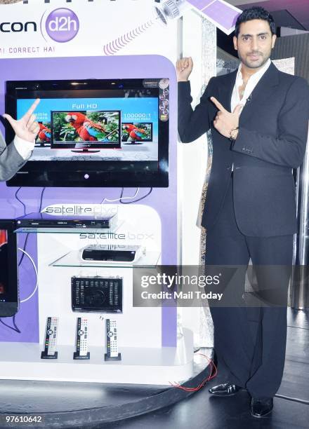 Bollywood actor Abhishek Bachchan poses after becoming the Brand Ambassador of Videocon's d2h in Mumbai in Mumbai on March 9, 2010.