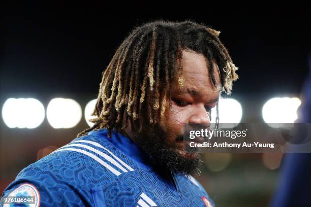 Mathieu Bastareaud of France looks on after the International Test match between the New Zealand All Blacks and France at Westpac Stadium on June 16,...