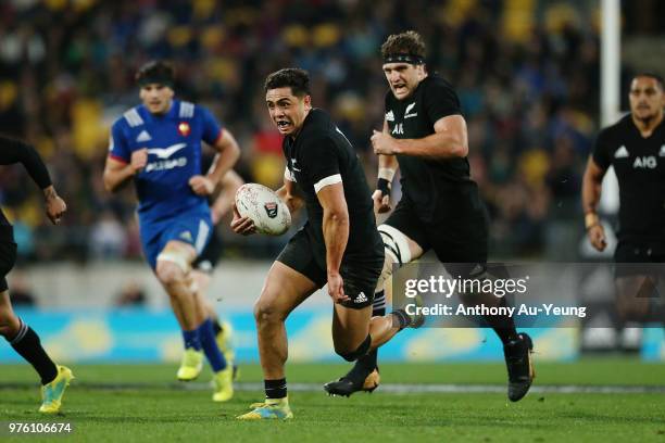 Anton Lienert-Brown of the All Blacks makes a break during the International Test match between the New Zealand All Blacks and France at Westpac...