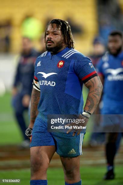 Mathieu Bastareaud of France looks dejected during the International Test match between the New Zealand All Blacks and France at Westpac Stadium on...
