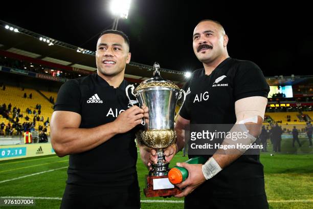 Karl TuÕinukuafe and Ngani Laumape of New Zealand hold the Dave Gallaher Trophy after winning the International Test match between the New Zealand...