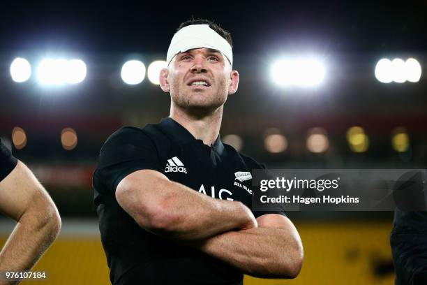 Ryan Crotty of New Zealand looks on after the International Test match between the New Zealand All Blacks and France at Westpac Stadium on June 16,...