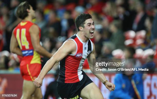Jade Gresham of the Saints celebrates kicking the winning goal during the round 13 AFL match between the Gold Coast Suns and the St Kilda Saints at...