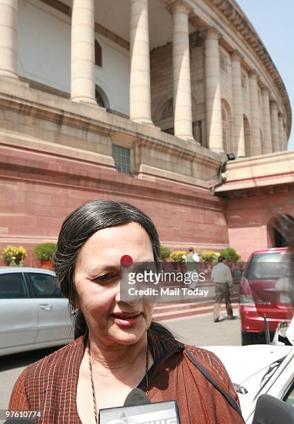 Brinda Karat outside the parliament house in New Delhi on March 9, 2010. The Women's reservation bill was passed at the Rajya Sabha on Tuesday.
