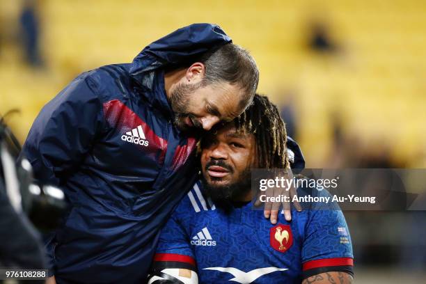 Mathieu Bastareaud of France is consoled after losing the International Test match between the New Zealand All Blacks and France at Westpac Stadium...