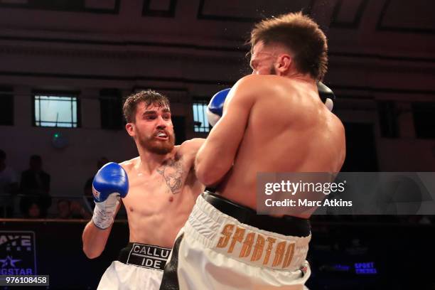 Chris Davies in action with Callum Ide during the Super Middleweight fight between Chris Davies and Callum Ide at York Hall on June 15, 2018 in...