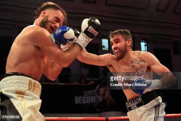 Chris Davies in action with Callum Ide during the Super Middleweight fight between Chris Davies and Callum Ide at York Hall on June 15, 2018 in...