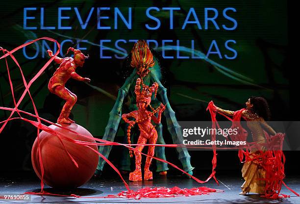 Dancers perform during the kick-of event presentation of UEFA Women's Champions League Final at Federico Garcia Lorca Theatre on March 10, 2010 in...