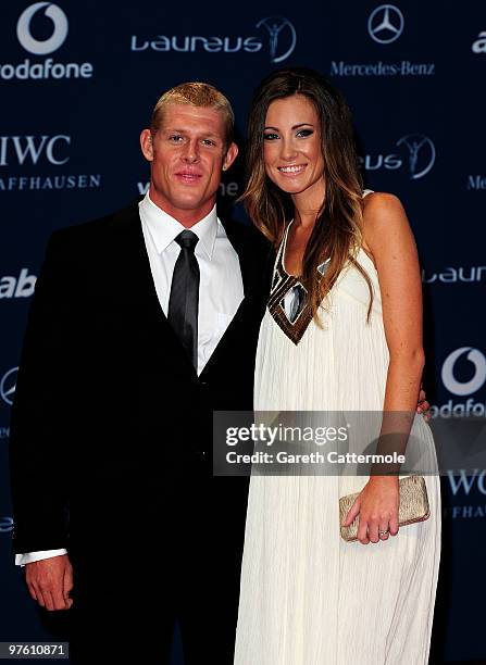 Pro surfer Mick Fanning and his wife Karissa arrives at the Laureus World Sports Awards 2010 at Emirates Palace Hotel on March 10, 2010 in Abu Dhabi,...