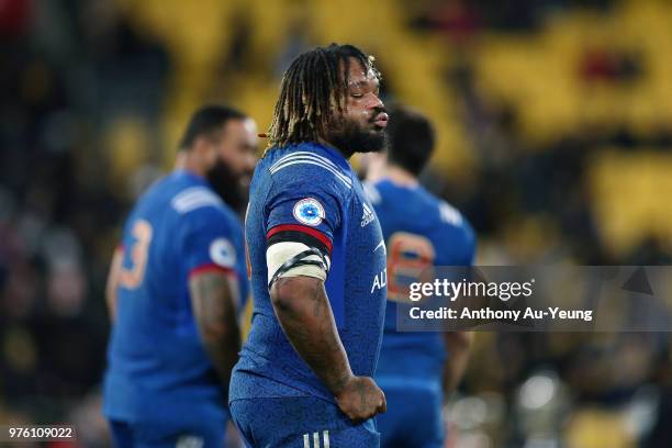 Mathieu Bastareaud of France reacts after losing the International Test match between the New Zealand All Blacks and France at Westpac Stadium on...