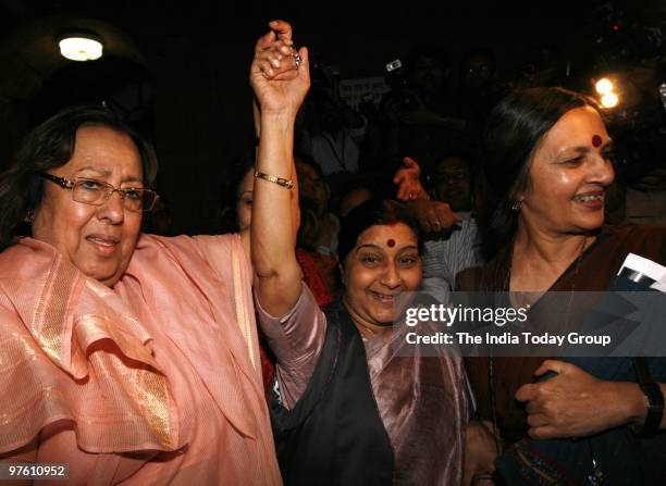 Najma Heptullah, Sushma Swaraj and Brinda Karat celebrate outside Parliament after Rajya Sabha passes Women's Reservation Bill on Tuesday, March 9,...